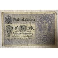 Банкнота 5 марок 1917 год. Германская империя . С рубля без МЦ.