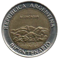 РЕСПУБЛИКА АРГЕНТИНА 1 ПЕСО 2010. 200 лет Аргентине - вулкан Аконкагуа. БИМЕТАЛЛ