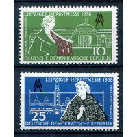 ГДР - 1958г. - Осенняя ярмарка в Лейпциге - 2 марки - полная серия, MNH, 1 марка с отпечатком на клее [Mi 649-650]. #1-GG-12-A-2