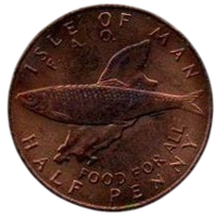 Остров Мэн. 1/2 пенни 1977 UNC. ФАО. Фауна. Рыба. Тип: отметка монетного двора "PM" только на аверсе