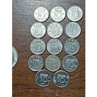 Недерланды 10 центов 1948,1950,1962,1964,1965,1968,1971,1977,1979,1980,1982,1985,1991,1999 года . С рубля