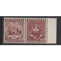 АВСТРАЛИЯ / AUSTRALIA 1950 ** Почтовое дело, 100-летие маркам колонии, Королева Виктория, сцепка 2 марки с правым полем