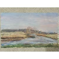 Картина  двухсторонняя "Пейзаж с рекой" и  "Столетний дуб ", .  Холст, масло