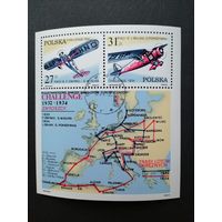 Польша 1982 Блок Mi.87 с марками "Участие в турне по Европе на туристическом самолете "Сhallenge"" (гашение с клеем) Mi.2806-2807 каталог 2.60 евро