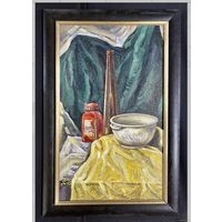 Скрипниченко Г.С. "Натюрморт" (с красной бутылкой) 1966г. ДВП, масло. Размер 61,5х37 см.