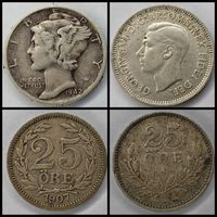 Монета 1 дайм 1942 (10 центов). 6 пенсов 1951. 25 эре 1907. 25 эре 1918. Одним лотом 4 монеты. С рубля