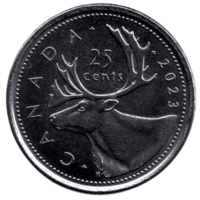 Конфедерация Канада. 25 центов 2023. UNC. Король Карл (Чарльз) III. Фауна. Олень. Карибу.