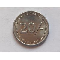 Сомалиленд 20 шиллингов 2002 г. Собака Грейхаунд.
