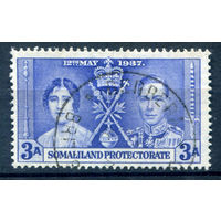 Британские колонии - Сомалиленд - 1937г. - коронация короля Георга VI и королевы Елизаветы, 3 A - 1 марка - гашёная [Mi 76]. #2-Bc-58-A-1