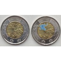 Канада 2 доллара 2021 г. 100 лет открытию инсулина. Цветная + простая. Цена за пару