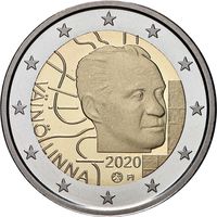 2 евро 2020 Финляндия 100 лет со дня рождения Вяйнё Линна UNC из ролла