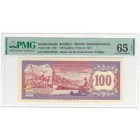 Нидерландские Антильские острова 100 гульденов 1981 года. Тип P-19b. Состояние UNC. В слабе PMG 65