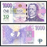 Чехия 1000 крон 2023 г. (P-W31, UNC) [Юбилейная. 30 лет Банку. Красивый номер] Чешская Республика 1 000 крон 23 г.