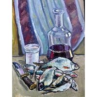 Звонков И.Г"Натюрморт с рыбками". Картон, масло. Размер 35/50 см