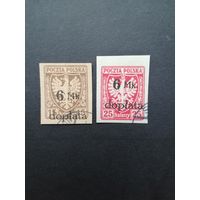 Польша 1921 Две марки без перфорации из серии "GALIZIEN" с надпечаткой "doplata" и новым номиналом выпуска "Гербовый щит" (гашеные с наклейками) Mi.32-33 каталог 1.70 евро