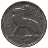 Республика Ирландия. 3 пенни (пенса) 1968. Фауна. Заяц.