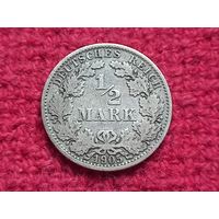 Германия 1/2 марки 1905 г. A Серебро.