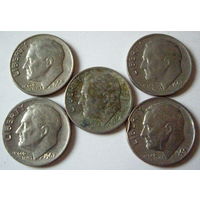 10 центов США дайм, 1965,1966,1967, 5 монет одним лотом