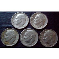 10 центов США дайм, 1966,1967,1968,1973,1978, 5 монет одним лотом