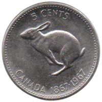 Конфедерация Канада. 5 центов 1967. 100 лет Конфедерации. Фауна. Заяц.