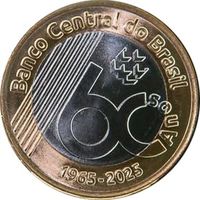 Бразилия 1 реал, 2025 60 лет Центральному банку UNC