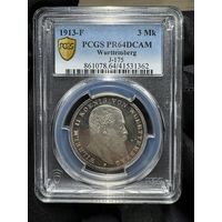 Германия 3 марки 1913 Вюртемберг ПРУФ-PROOF PCGS PR64DCAM. Редкая! Серебро