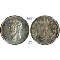 5 франков 1825 г. W. Карл X. Королевство Франция (1815 - 1848). NGC MS 60. Серебро. КМ# 720