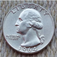 США 25 центов 1964 года, D. AU.  Квотер. Джон Дэвид Вашингтон. Серебро! Сторгуй за свою цену, предложи обмен!