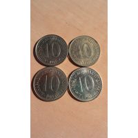 Югославия, сборный лот монет номиналом 10 динар 1983, 1984, 1985, 1987.