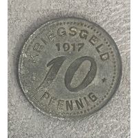 Монета 10 пфеннигов 1917 год. Бонн. Веймарская республика.