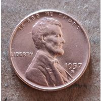 США 1 цент 1957 г., Пшеничный Пенни, Линкольн, отметка мд. "D" - Денвер, KM# 132