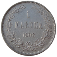 Россия для Финляндии, 1 марка 1908 года (L) - м.д. Гельсингфорс, сост. XF, серебро 868/ 5,18 г, Биткин #400 (R)
