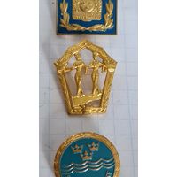С 1 РУБЛЯ ! ЛОТ ТРИ ВОЕННО СПОРТИВНЫХ ЗНАКА ЛАТУНЬ КЛЕЙМА ФИРМА  ПОЗОЛОТА