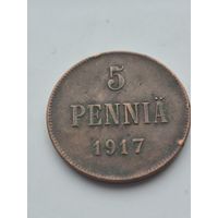 5 пенни 1917 года для Финляндии (Николай II). Монета не чищена. 45390