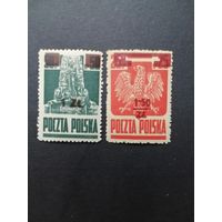 Польша 1945 Две марки Mi.383-384 1944 года выпуска с надпечатками нового номинала из серии "Национальные символы" (чистые* есть след от наклейки) Mi.408-409 каталог 1.40 евро