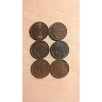 Швеция, сборный лот 5 эре 1972, 1973, 1977, 1978, 1979, 1980 годов.