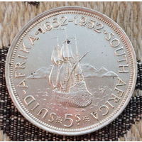 ЮАР 5 шиллингов 1952 года "300 лет основанию Кейптауна" Корабль. Король Георг.  Серебро. Сторгуй за свою цену, предложи обмен! S75-2
