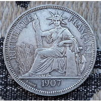 Французский Индо-Китай 1 пиастр 1907 года. Герб. Серебро! Индокитай. Сторгуй за свою цену, предложи обмен!
