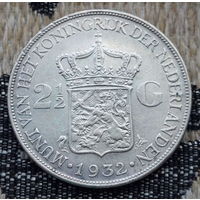 Нидерланды 2 1/2 гульдена 1932 года, UNC. Королева Вельгельмина. Серебро. Сторгуй за свою цену, предложи обмен! S65