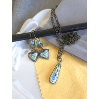 Серьги в виде сердечек и кулон скань, финифть, винтаж, СССР, мельхиор