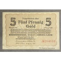 Банкнота 5 пфеннигов золотом 1923 год. Бремерхафен, Геестемюнде, Леэ. Веймарская республика