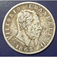 Монета 20 чентезимо 1863 год. Италия. Король Виктор Эммануил II