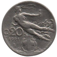 Королевство Италия. 20 чентезимо 1921. Парящая Свобода.