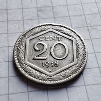 20 чентезимо Королевство Италия 1918г.R. Виктор Эммануил 3.Перечекан.