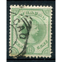 Нидерландские колонии - Кюрасао - 1892/96г. - королева Вильгельмина, 12 1/2 с - 1 марка - гашёная, есть небольшое жёлтое пятно и маленький разрыв снизу [Mi 26]. #3-WB-89-A-1