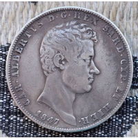 Италия. Остров Сардиния 5 лир 1847 года. Король Альберт. Серебро! Сторгуй за свою цену, предложи обмен! S200