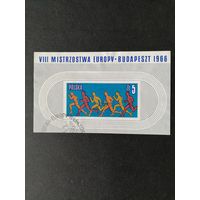 Польша 1966 Блок Mi.39 с маркой "Чемпионат Европы по легкой атлетике в Будапеште" (спецгашение без клея и наклеек) марка Mi.1688 каталог 1.50 евро
