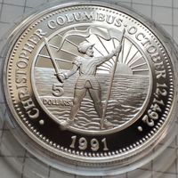 5 долларов Багамы 1991 года. Серебро.Пруф.