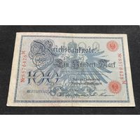 100 марок 1908 год / Германская империя банкнота тип 1883 года Blauer Hunderter / номер семь знаков, красная печать (1)