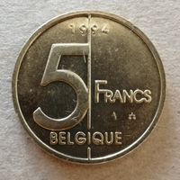 Бельгия 5 франков 1994 год, Надпись на французском - 'BELGIQUE', KM# 189 ю